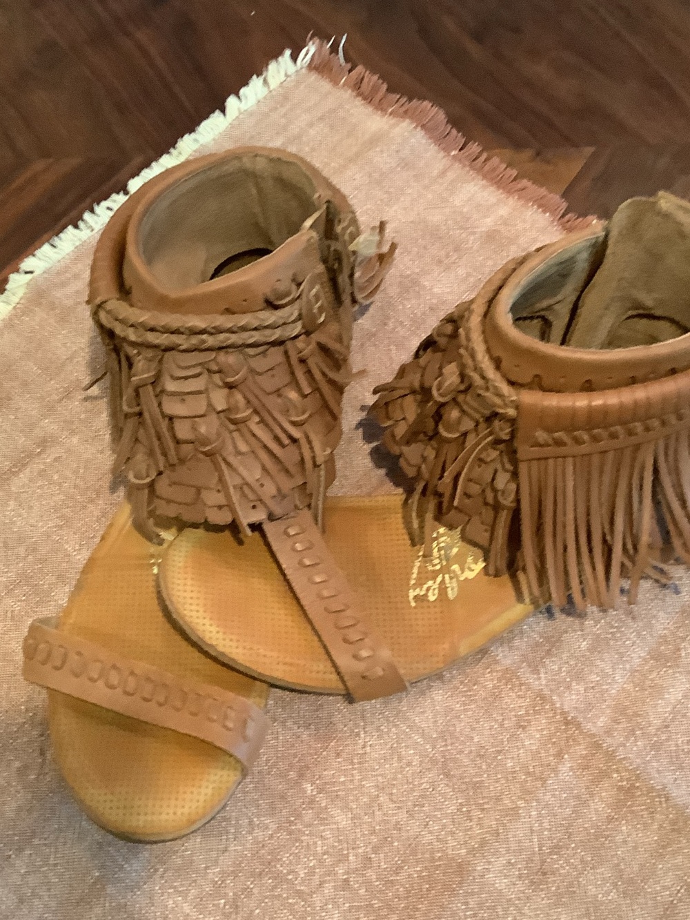 Fringed Ankle Wrap Sandals in Tan